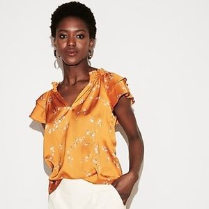 Express smocked satin ruffle blouse in orange